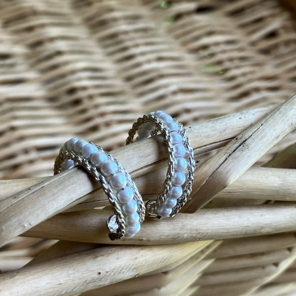 Vintage signed Napier Silver Faux Pearl Hoop Earrings